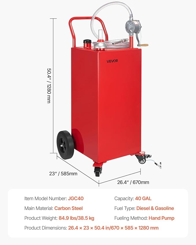 VEVOR 40 Gallon Gas Caddy, Diesel Tank with Manual Transfer Pump, Diesel Storage Tank with 4 Wheels & 10 ft Hose, Gas Container for Cars, Lawn Mowers, ATVs, Boats, More, Red