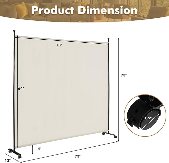 Giantex Room Divider Large Single Panel, 73''W x 73''H Privacy Screen with Lockable Wheels, Rolling Room Divider Panel for Home Office Studio, Partition Fabric Wall Divider for Room Separation, Beige