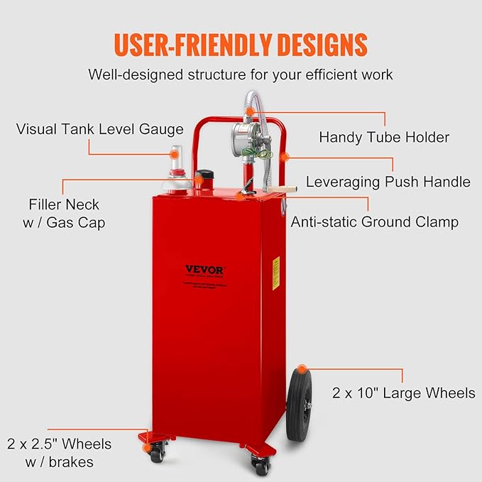 VEVOR Fuel Caddy 35 Gallon, Gas Storage Tank on 4 Wheels, with Manual Transfer Pump, Gasoline Diesel Fuel Container for Cars, Lawn Mowers, ATVs, Boats & More, Red