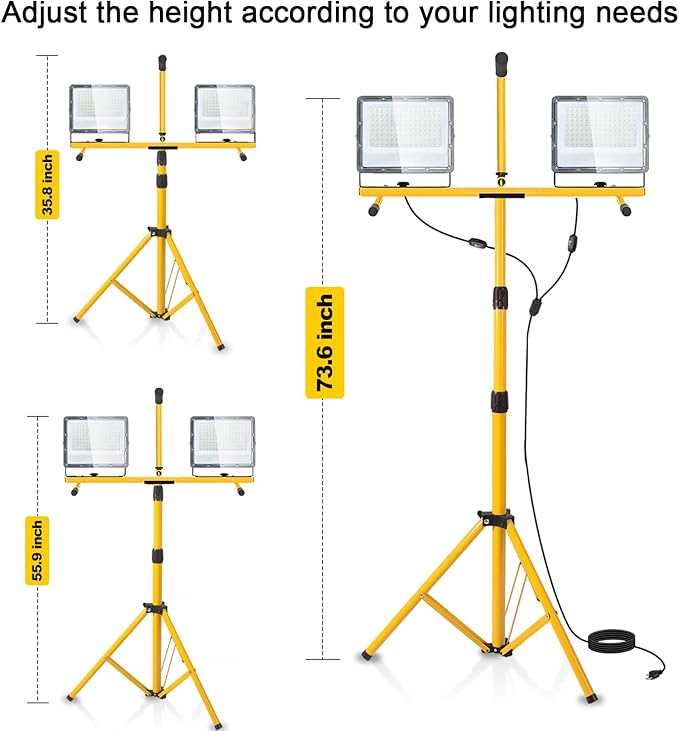 30000 Lumen LED Work Light with Stand, 2-Head Adjustable Work Lights with 16.5FT Extended Cord, IP65 Waterproof Work Lamp for Indoor & Outdoor Job Sites, Workshops, Construction, Garage Lighting