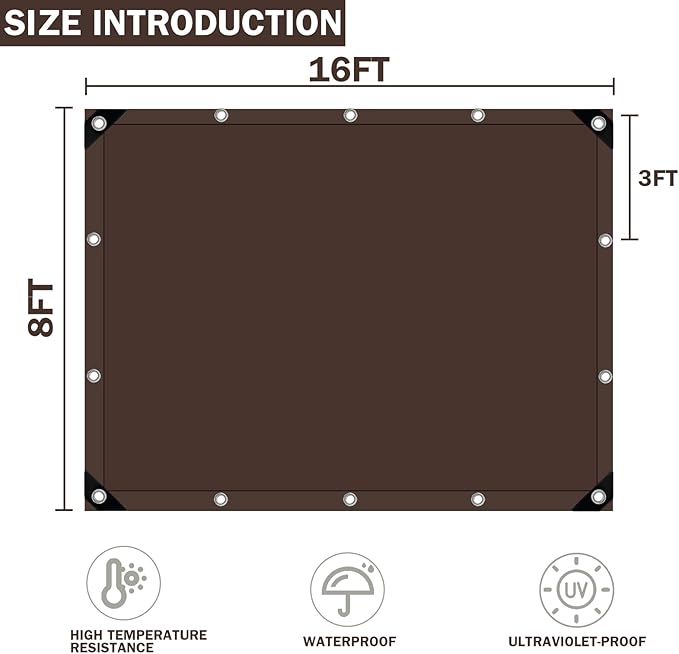 Tarps Heavy Duty Waterproof, 16 Mil Large Tarps with Grommets, UV Resistant and Tear&Fade Resistant, Brown Heavy Duty Tarps for Outdoors Patio Camping, 8 * 16FT