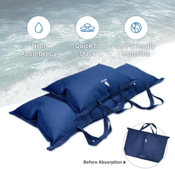WEIBAO Standard Tech Sandbag with Handles - 5 Pack (24" x 16"), Dark Blue | WB-600LH-A | Water-Activated Flood Barriers, Sandless Sandbags, Absorbent Water Blocker