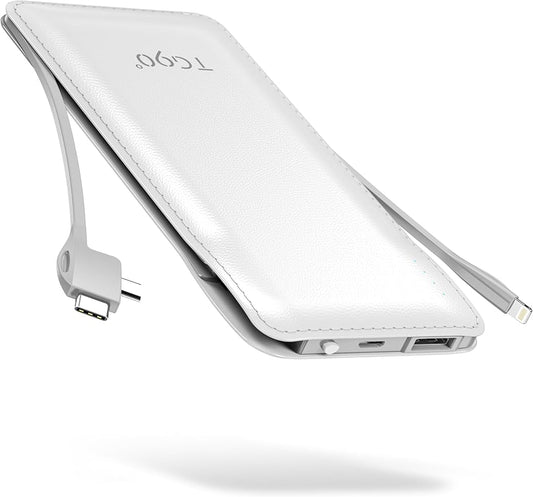 TG90° 10000mAh Power Bank Built-in Cables, Pocket Size USB C Portable Charger, 3A Fast Charging External Battery Pack, Travel Essential Phone Powerbank Compatible with iPhone Samsung iPad White