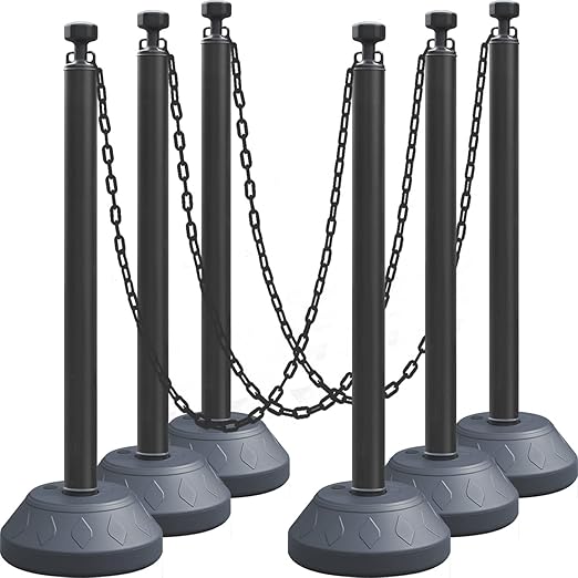 6-Set Pack 40" inch Black Work Zone Chain Post Set, Traffic Queue Delineator Post Cones, 6 x 6.6' Feet Plastic Chains, Portable Crowd Control Stanchions Set (Black-Water Filled Base)