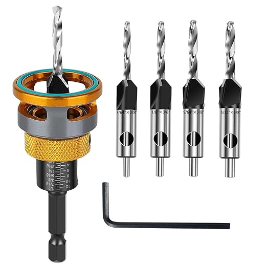 Countersink Drill Bit Set with Depth Stop 4PCS, HCS Four Blades Countersink Bits with Adjustable Depth Stop and L Shape Wrench, Wood Countersink Bit Set for Wood, Plastic, Woodworking