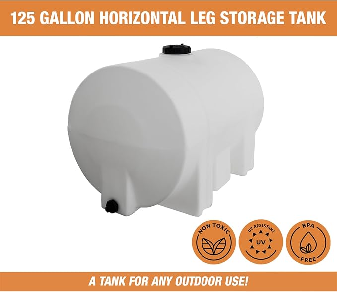 RomoTech 125 Gallon Polyethylene Storage Tank with Legs–Heavy-Duty Horizontal Water Storage Tank for Farms, Industrial or Chemical Use–UV-Resistant, Rustproof, BPA-Free Plastic Liquid Tank, 82123949