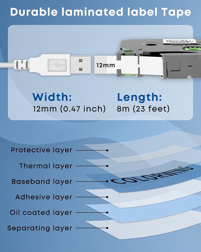 COLORWING TZe-231 Replace for Brother P Touch Label Tape 1/2" TZ Tape 12mm 0.47 Laminated White Label Maker Tape TZe231 for Brother Ptouch PT-D210 D220 H110 1280 D410 Refills, 5-Pack