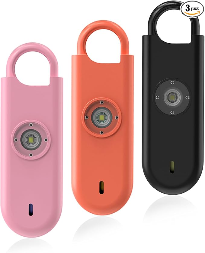 140dB Personal Safety Alarm for Women, 3 Pack Safe Alarm Protection Keychain with Strobe Light & Low Battery Notice, Security Siren Self Defense for Seniors College Girls, Pink+Orange+Black
