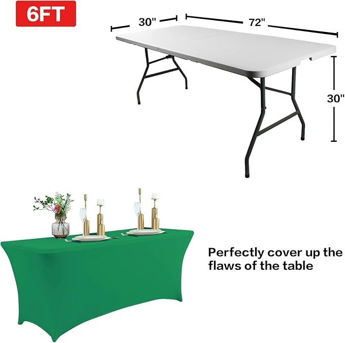 IVAPUPU 2 Pack 6FT Table Cloth for Rectangular Fitted Events Stretch Emerald Green Table Covers Washable Spandex Christmas Tablecloth Protector for Party, Wedding, Cocktail, Banquet, Festival