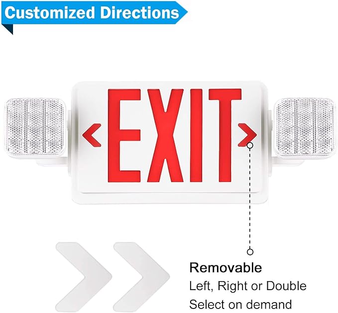 2 PACK LED Exit Sign Battery Backup with Emergency -EXIT Sign with 2 Adjustable Head Lights and Back Up Batteries- Emergency Exit Lighting, UL 924,120-277 VAC.