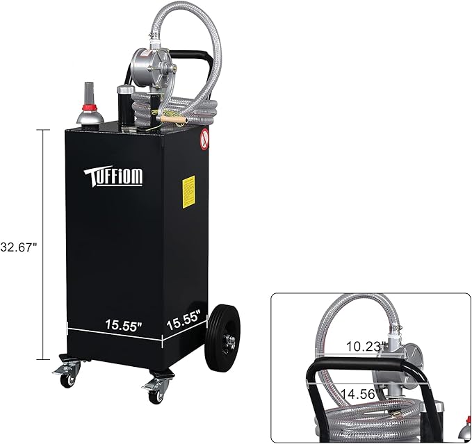 TUFFIOM 35 Gallon Fuel Gas Caddy w/Wheels & Manual Siphon Pump, Portable Diesel Fuel Transfer Storage Tank w/11.9ft Hose, Gasoline Can Container for ATV Car Mowers Tractor Boat Motorcycle