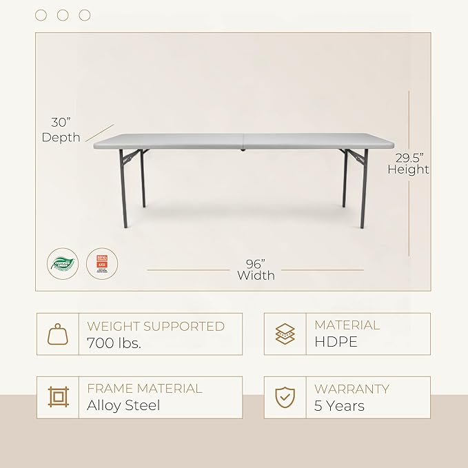 OEF Furnishings OEFCMFIH3096 Rectangular Commercial-Grade Premium Industrial Fold-in-Half Blow-Molded Folding Table with 18-Gauge Steel Frame and Thick Top (Rectangle, 30" × 96", Speckled Gray Top)