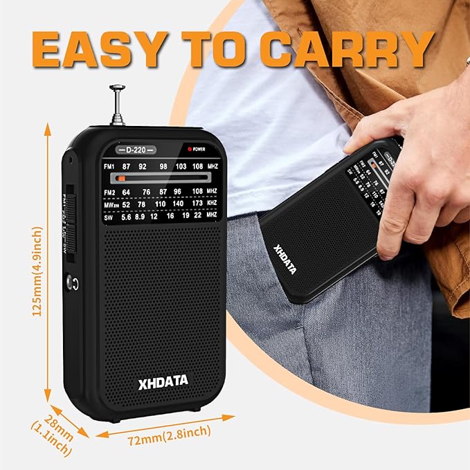 XHDATA D220 Portable Radio AM FM SW Shortwave Receiver Pocket Radios, 2 AA Battery Operated Transistor Radio with Excellent Reception for Gift, Family, Elder (Black)