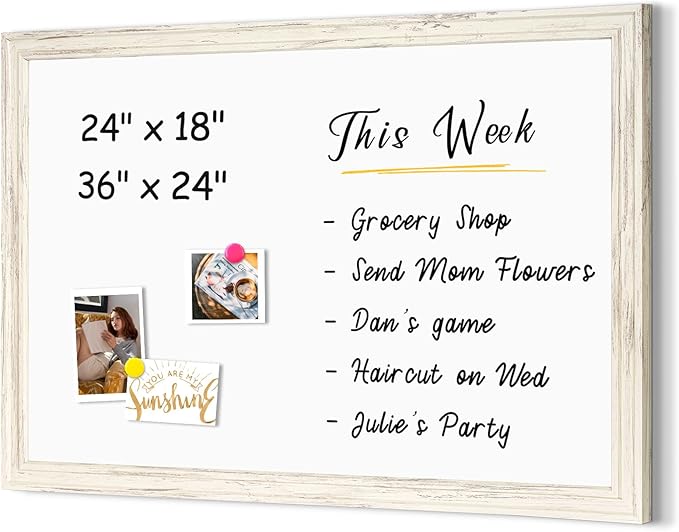 4 THOUGHT Dry Erase Board, 24 x 36 in Magnetic Whiteboard White Vintage Wood Frame Wall-Mounted White Board Decorative Notice Board for School, Office, Home, 8 Magnets 4 Markers 1 Eraser