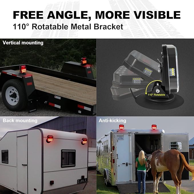 Wireless Trailer Lights 110° Rotatable, Magnetic LED Trailer Light for Towing Truck RV, Rechargeable Tail Tow Lights Kit for Camper Boat Caravan Turn Signal Brake Reverse Stop, IP67 Waterproof
