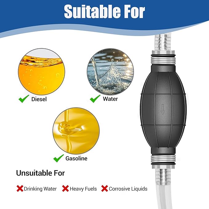 Gasoline Siphon Hose, Gas Oil Water Fuel Transfer Siphon Pump, Portable Widely Use Hand Fuel Pump, Fuel Transfer Pump with 10 Ft PVC Hoses