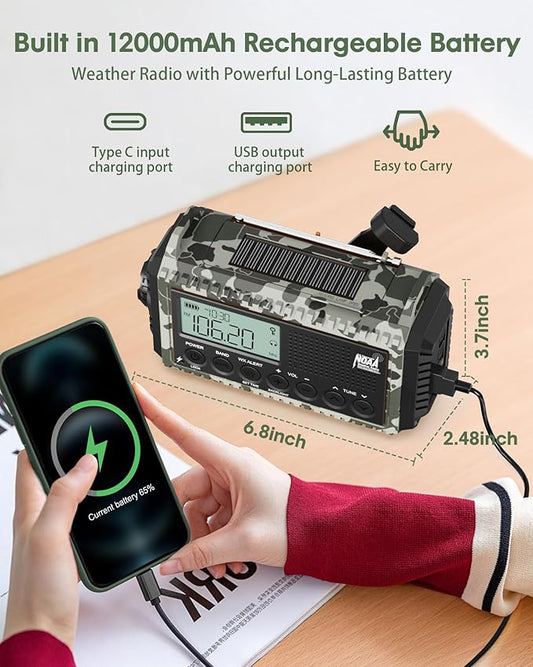 Emergency Radio, Real 12000mAh Long Lasting, Hand Crank for Emergency Power, AM/FM/SW/ 7 NOAA Weather Bands,SOS, Cell Phone Charger, Bright Flashlight, Portable Solar Radio for Outdoor/Survival Kit