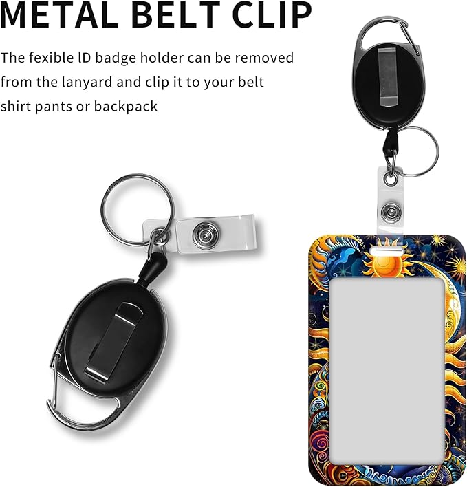 ID Badge Holder with Retractable Lanyard for Women & Men,Vertical ID Card Holder Wallet,Clear Window&Card Slot,Detachable Neck Strap for Nurse Teacher Office,Sun Moon Star