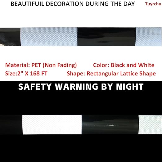 Black White Reflective Tape Outdoor Waterproof 2 inch Wide for Cars, High Visibility Safety Warning Sticker Strips (168 feet)