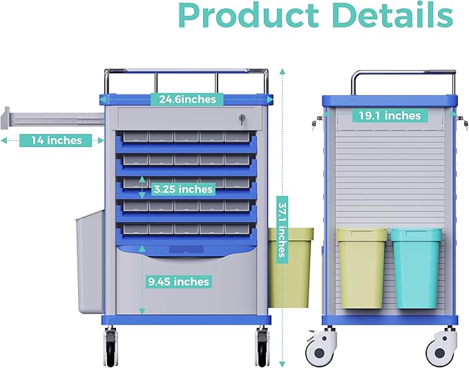 Medication Bins Cart with 200 Bins, 10 Drawers, Hidden Sub Workbench - Dual-Sided Open, 50 Medicine Boxes, Silent Casters, Container, 2 Trash Bin-Medical Crash Cart for Clinic, Hospital and Lab