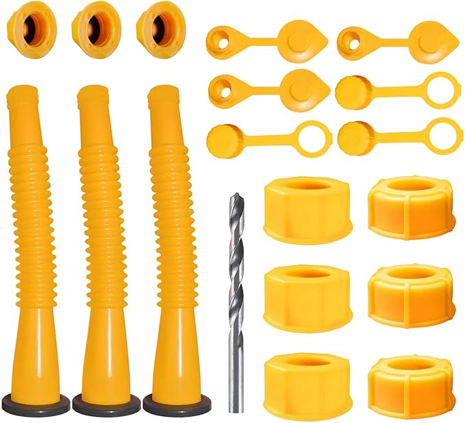 Gas Can Spout Replacement, Gas Can Nozzle Replacement (3 Kits-Yellow). for 1/2/5/10 gallon gas cans. Upgraded replacement gas can spout with flexible nozzle, vent cap, thick rubber pad, spout cover