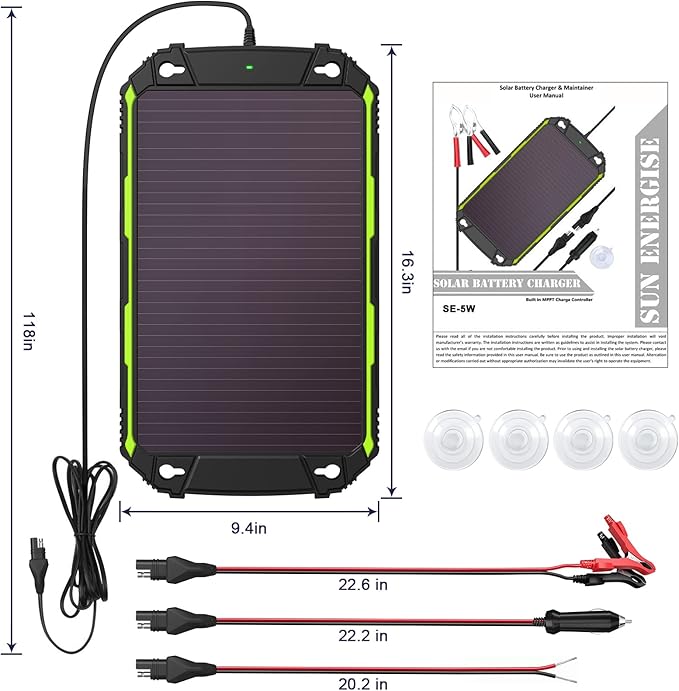 Sun Energise 5W 12V Solar Battery Charger Maintainer PRO, Built-in Smart MPPT Charge Controller, Waterproof 5 Watt 12 Volt Solar Panel Trickle Charging Kits for Car Boat RV Marine Trailer Camper