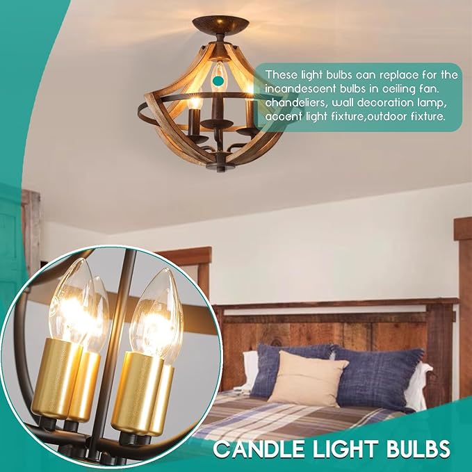 E12 60 Watt Incandescent Candle Light Bulbs, Chandelier Light Bulbs for Ceiling Fan, Vanity, Outdoor - Warm White 2500K, 500 Lumen Dimmable B10 Clear Candelabra Base Bulbs (12 Pack)