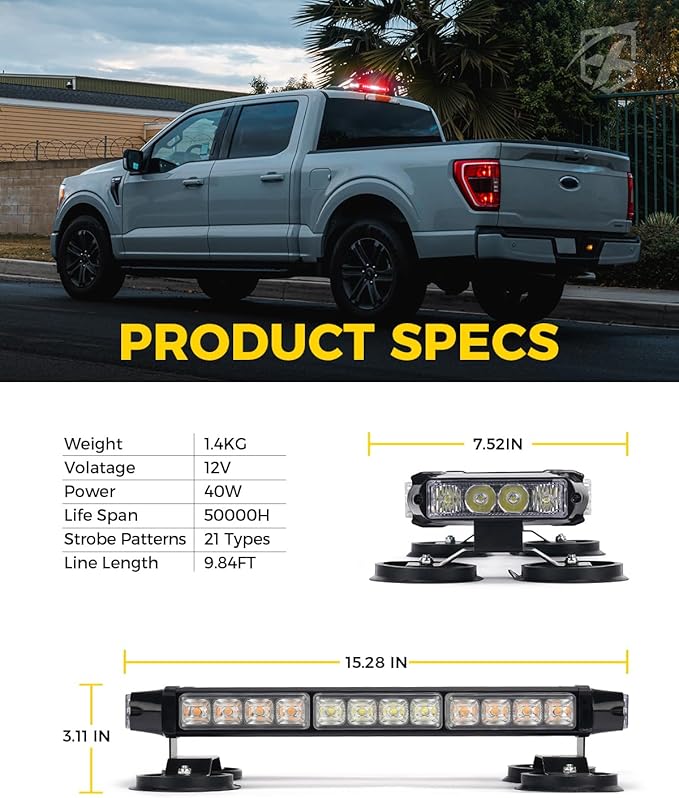 Xprite White Red Rooftop Emergency Strobe Light Bar, Beacon Safety Flashing Volunteer Firefighter Lights w/Magnetic Base for First Responder Vehicles Fire Trucks