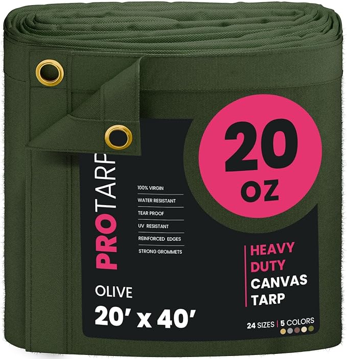 PROTARP Extreme Heavy Duty 20 OZ Water Resistant Canvas Tarp, UV Resistant Tarpaulin Cover with Rustproof Brass Grommets, Multipurpose for Canopy, Roof, Camping, Woodpile (Olive 20'X40')