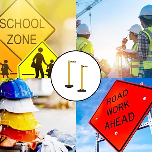 Crowd Control Warehouse - CCW Set of 2 Safety Retractable Belt Barrier Stanchion, Sloped Base, Yellow Post, RBB-100-9 ft Belt, Black and Red Diagonal Belt