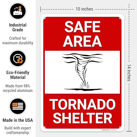Safe Area Tornado Shelter Sign, 10x14 Inches, 55 mil Thick HDPS (high Density polystyrene), Made in USA by Sigo Signs