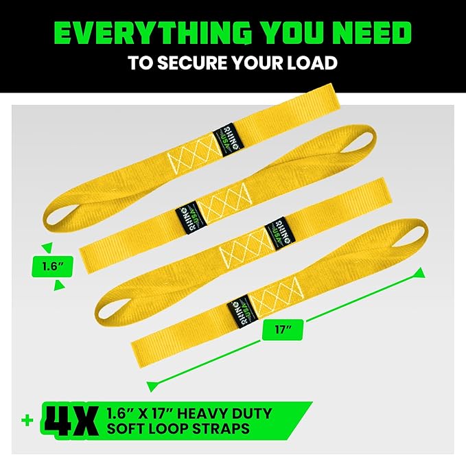 Rhino USA Soft Loop Tie Down Straps (4-Pack) - 1.6 Inch x 17 Inch (5,000 lbs Break Strength) Heavy Duty Motorcycle Handlebar Straps for use with Ratchets for ATV, UTV, Dirt Bike (Yellow)