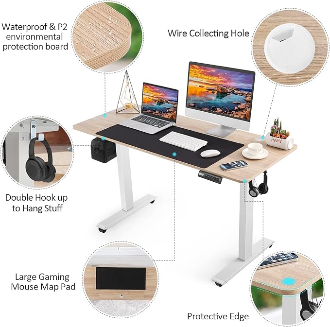Electric Standing Desk Adjustable Height, 55'' x 24'' Stand up Desk with Outlets and 2 USB Ports,4 Caster, 27''-46'' Lifting Range, Spacious Computer Workstation for Home Office(Oak)