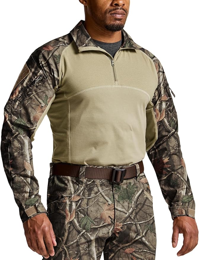 CQR Men's Combat Shirt Tactical 1/4 Zip Long Sleeve Military BDU Shirts Camo EDC Top with Pockets