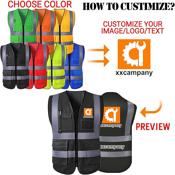 Custom Safety Vest for Men with Logo Pockets High Visibility Reflective Vests Construction Security Workwear