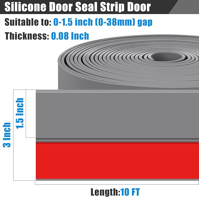 Draft Seal Tape for Doors and Windows 3 in x 10 Ft Silicone Weather Stripping Extra Thick 2mm Door Seal Strip with Strong Adhesive Draft Insulation Stopper Side Seal - Gray