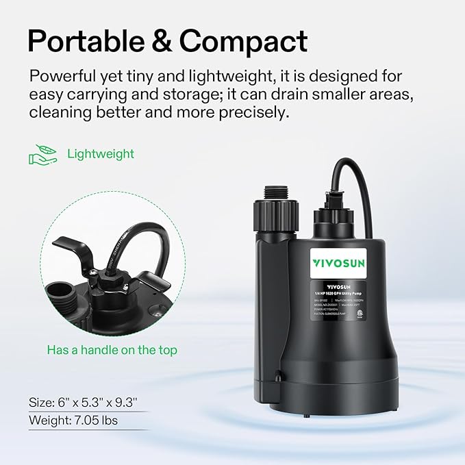 VIVOSUN Submersible Water Pump, 1/4HP 1620GPH Utility Pump, Thermoplastic Sump Pump with 10ft Cable, Compact and Portable, Ideal for Ponds, Basements, Swimming Pools, Hot Tubs Draining