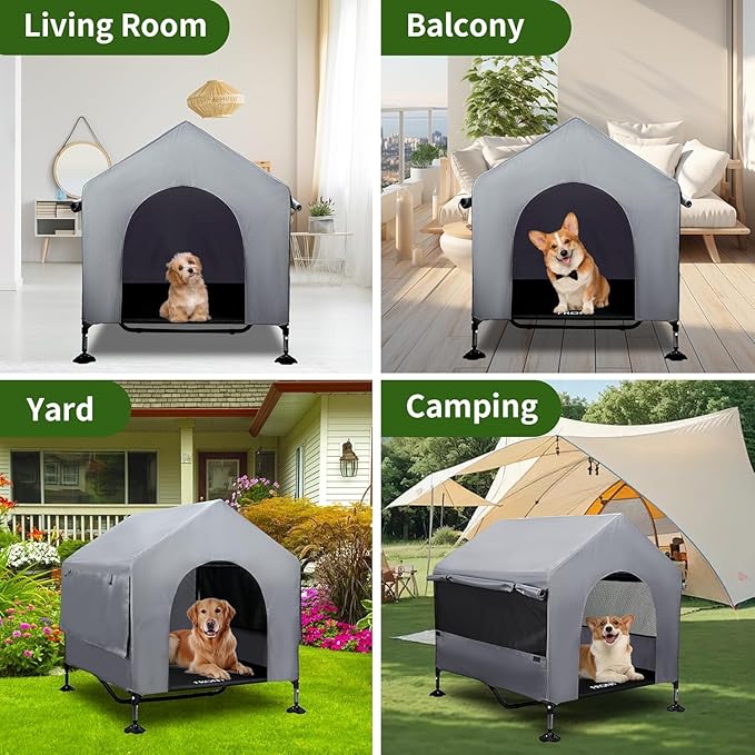 Summertrail 42" Large Dog House Outdoor Indoor with Breathable Mesh Windows-Elevated Dog Bed Cot Dog Tent Shade Shelter for Large Breeds with Canopy, Weatherproof Dog Kennel for Outside, Easy Clean