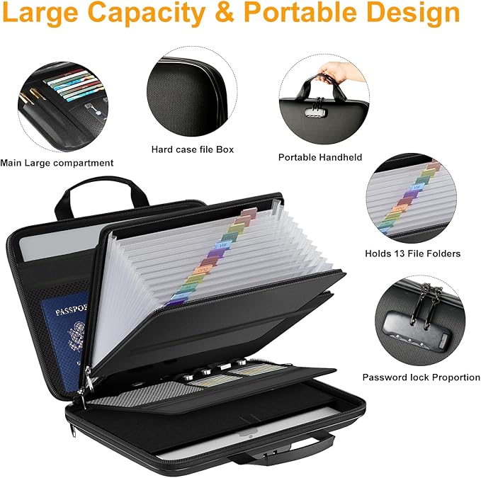 Fireproof Document Box with Lock, Portable Hard-Shell Case Fireproof File Box for Documents, Waterproof Document Box File Organizer for Important Documents/Certificates/Laptop/for Home or Travel
