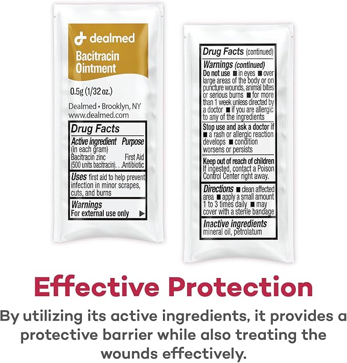 Dealmed Bacitracin Ointment – First Aid Antibiotic Pain Relieving Ointment for Minor Cuts, Scrapes, and Burns, 144 Packets/Box (.5g) - Case of 12