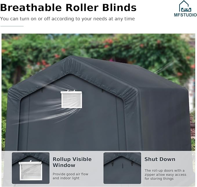 MFSTUDIO 8x12 Storage Sheds, Outdoor Shades Portable Storage Shelter Garage with Rolled up Zipper Doors, Heavy Duty Garages Carport Tent for Motorcycle, Bicycles and Outdoor Tools