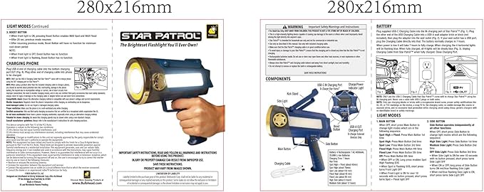 Star Patrol Mega-Bright Rechargeable Spotlight, AS SEEN ON TV, Tactical & Emergency Flashlight, 10 Modes, Turbo Boost Up to 100%, Built-in Kickstand & Phone Charger, for Camping, Emergencies, Walking