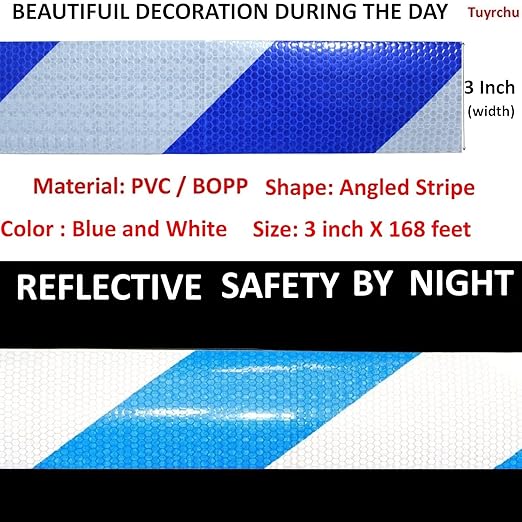 Reflective Tape Blue White 3 Inch x 168 Feet, Outdoor Waterproof Conspicuity Strong Adhesive Reflector for Vehicles Trailers