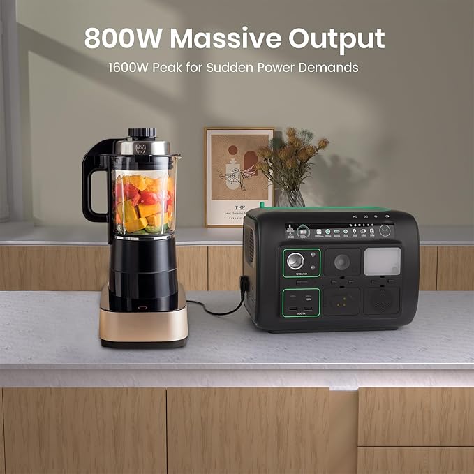 Portable Power Station, with Snap-on Light, Speaker & Charger, 800W Solar Generator, 512Wh Outdoor Power supply for Camping RV hiking, 100W USB-C Output, 3 AC Outlets