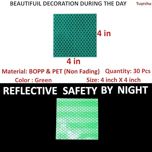 Green Reflective Stickers 4 inch X 4 inch, Outdoor Waterproof High Visibility Warning Safety Adhesive Reflector Tape (30 Pcs)