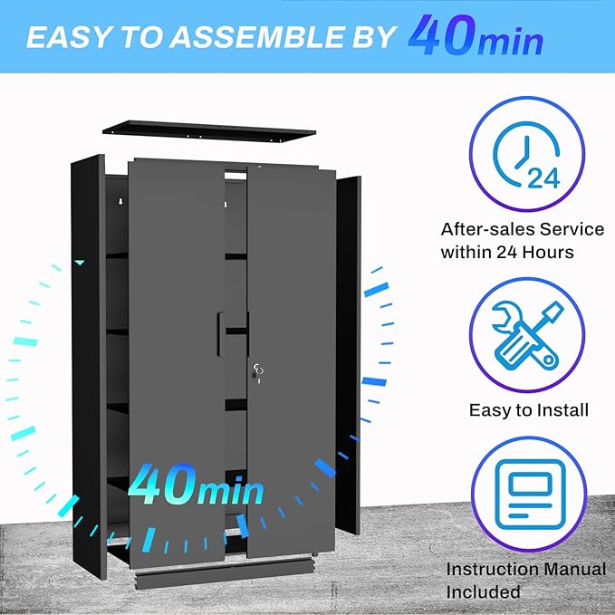 Metal Garage Storage Cabinet with Lock, 72" Tall Steel Storage Locker with 4 Adjustable Shelves, Heavy Duty Metal Cabinet for Garage, Office, Home, Black