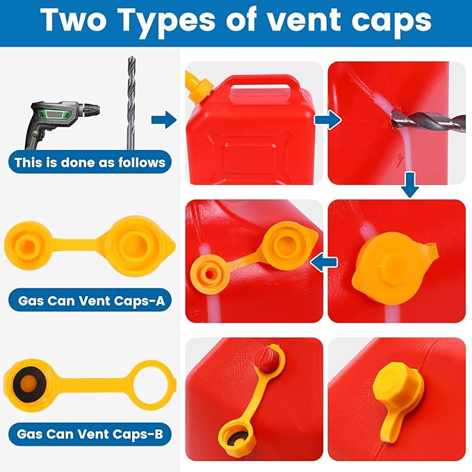 Gas Can Spout Replacement 5 Kits, 1/2/5/10 Gallon Gas Can Nozzle Replacement, Leak Proof, HDPE Material, Yellow, 8 Inch Flexible Nozzles, Spout Cover, Base Cap, Screw Collar Caps, Drill Bit