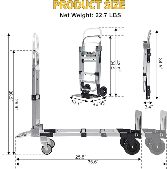 Upgraded 3 in 1 Aluminum Folding Hand Truck, 600lbs Capacity, Heavy Duty Convertible Dolly with Retractable Handle and 4 Rubber Wheels, Collapsible Cart for Moving Home, Office, Warehouse (Black)