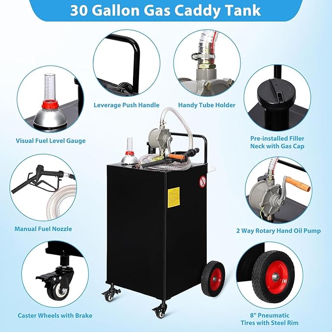 30 Gallon Fuel Caddy with Manual Pump,Portable Gasoline & Diesel Transfer Tank Heavy Duty Tank Gas with 4-Wheel for Cars,Boats