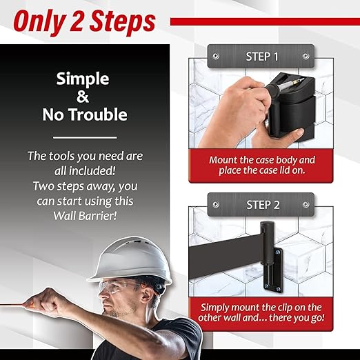 DuraSteel Wall Mount Retractable Belt Barrier - 6.5 Ft Black Safety Belt in Black Casing - Guardian 2.0 Indoor & Outdoor Do Not Cross Caution Tape for Crowd Control Queue Barrier, Line Divider, 10 Pcs